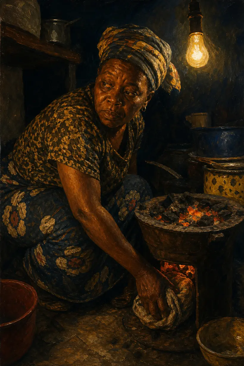 Mama Nsimba accroupie devant un brasero, poussant un paquet de tissu sous le charbon