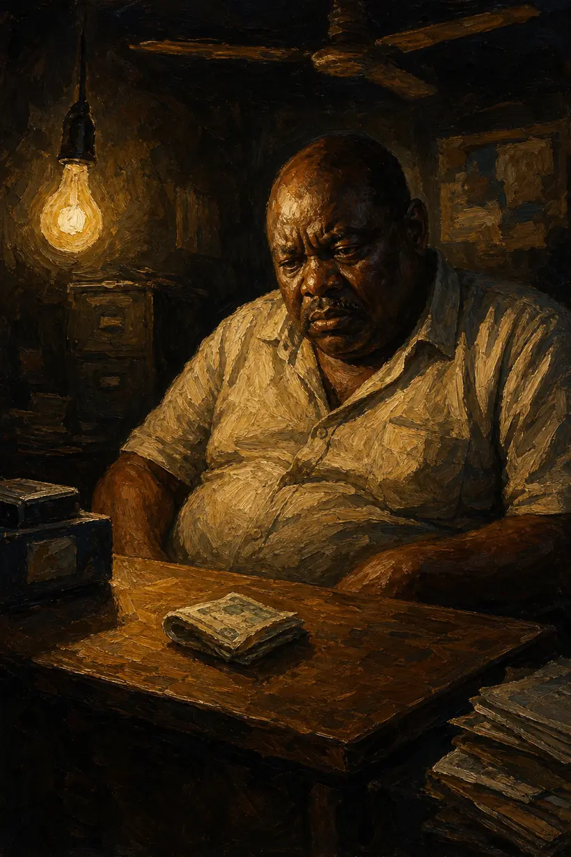 Tonton Mbala, derrière son petit bureau éclairé à la lampe, fixe l'argent posé devant lui