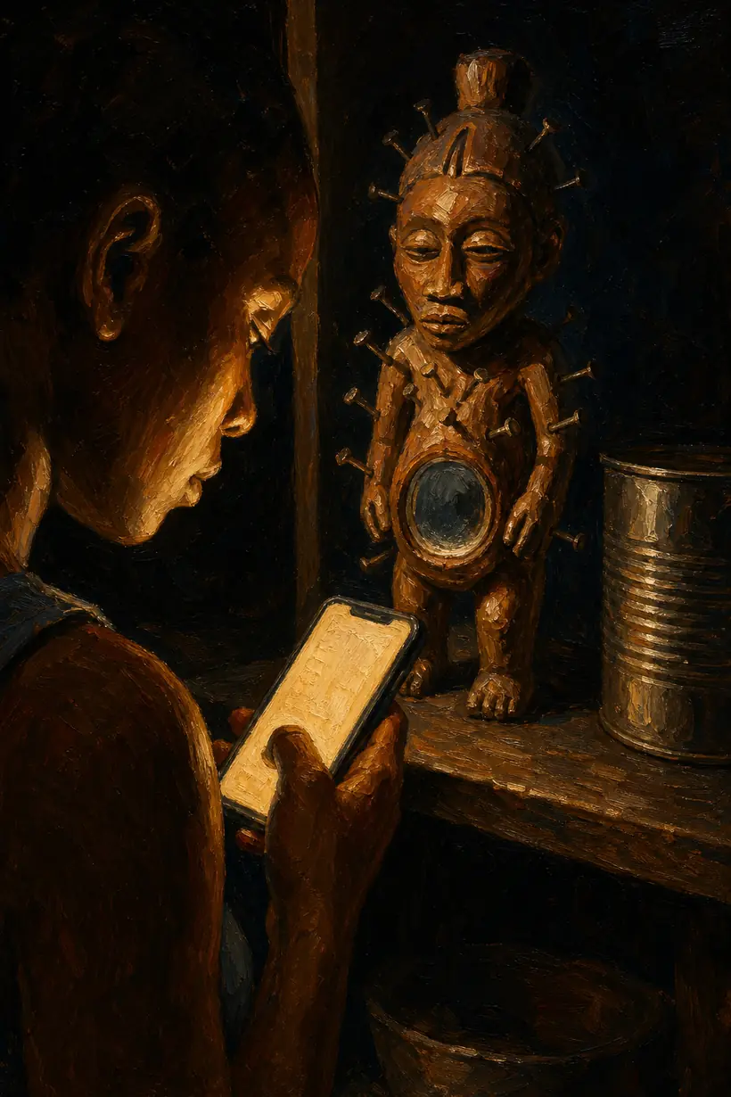 Une petite statuette de bois cloutée, un miroir dans le ventre, posée sur une étagère de cuisine