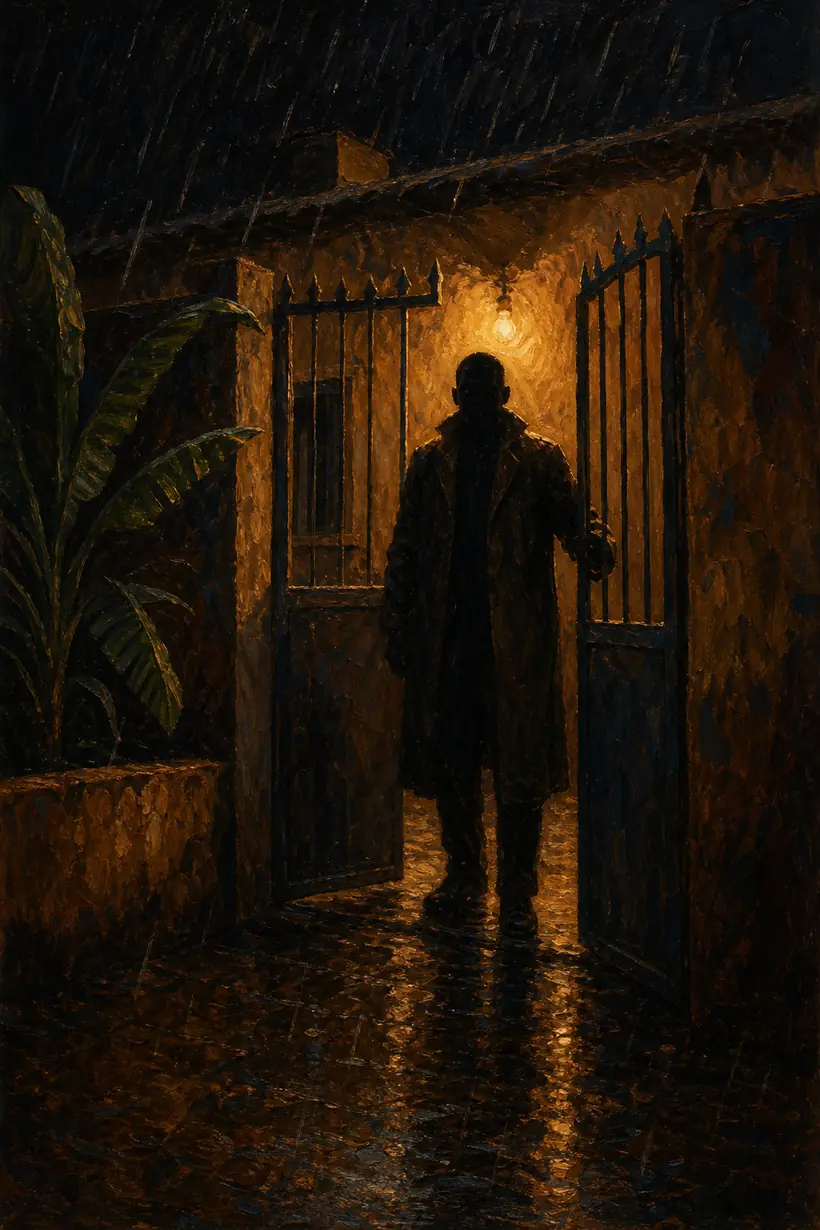 Vu de la cour sous la pluie : la silhouette d'un homme en long manteau debout dans le portail ouvert